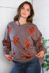 Cozy taupe Sequins and Spells Spooky Pullover with orange sequin unicorns