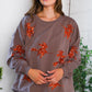 Cozy taupe Sequins and Spells Spooky Pullover with orange sequined horse appliques