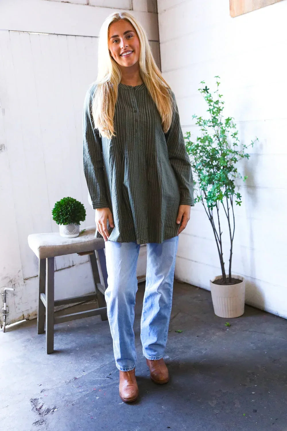 Read Between the Lines Olive Button Cotton Tunic - DAVERRI FASHIONS