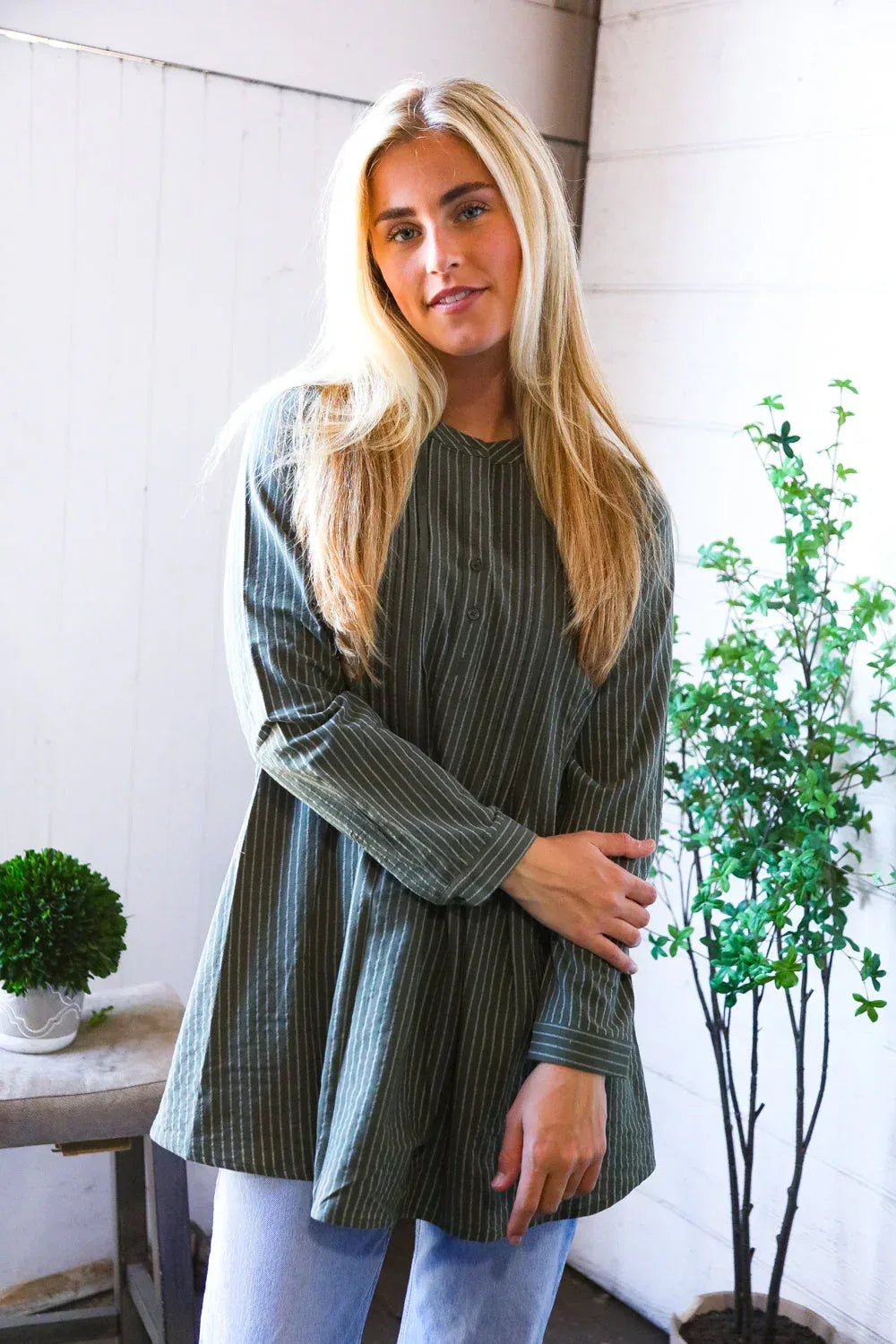 Read Between the Lines Olive Button Cotton Tunic - DAVERRI FASHIONS