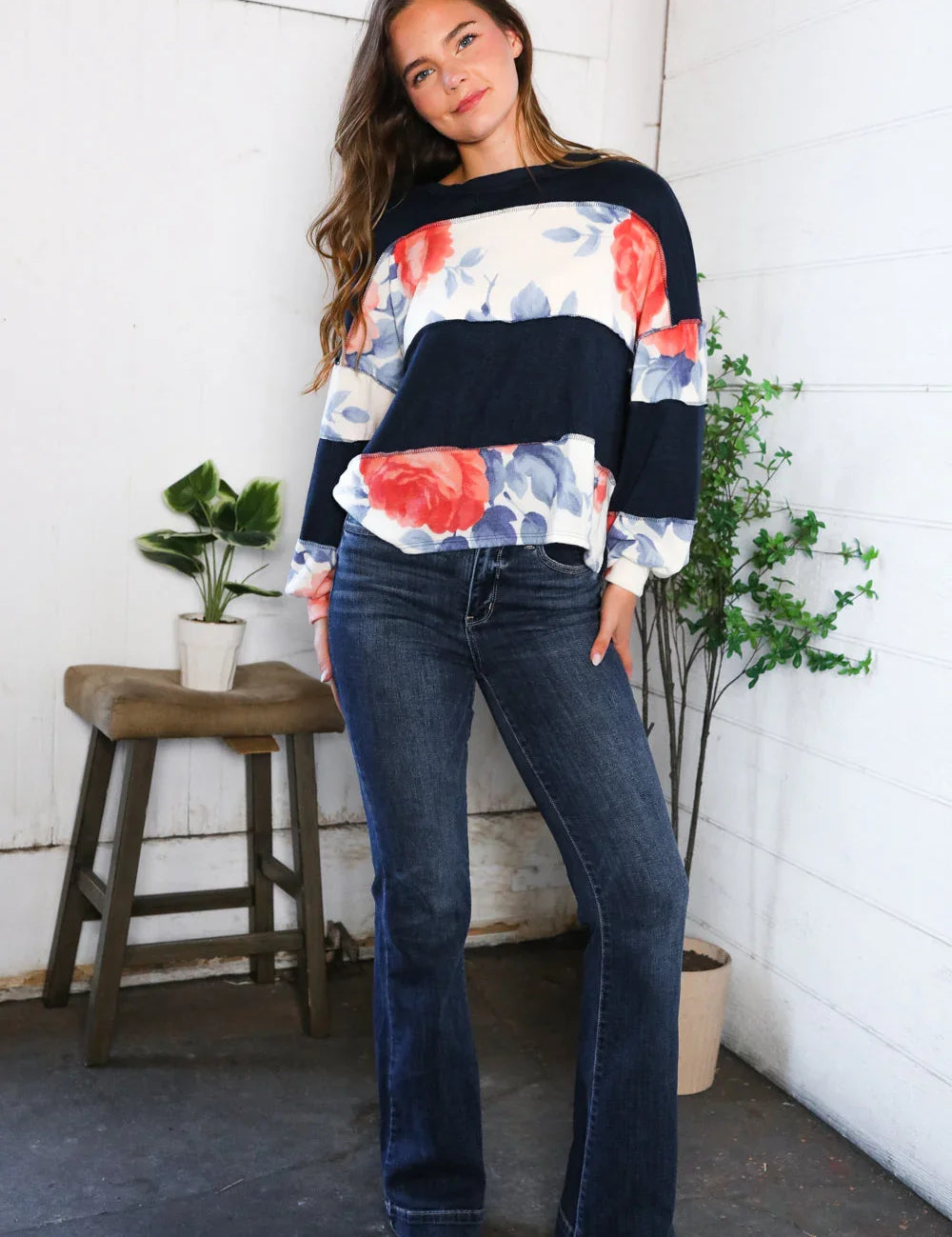 Cottage Roses Colorblock Long Sleeve | Daverri Fashions