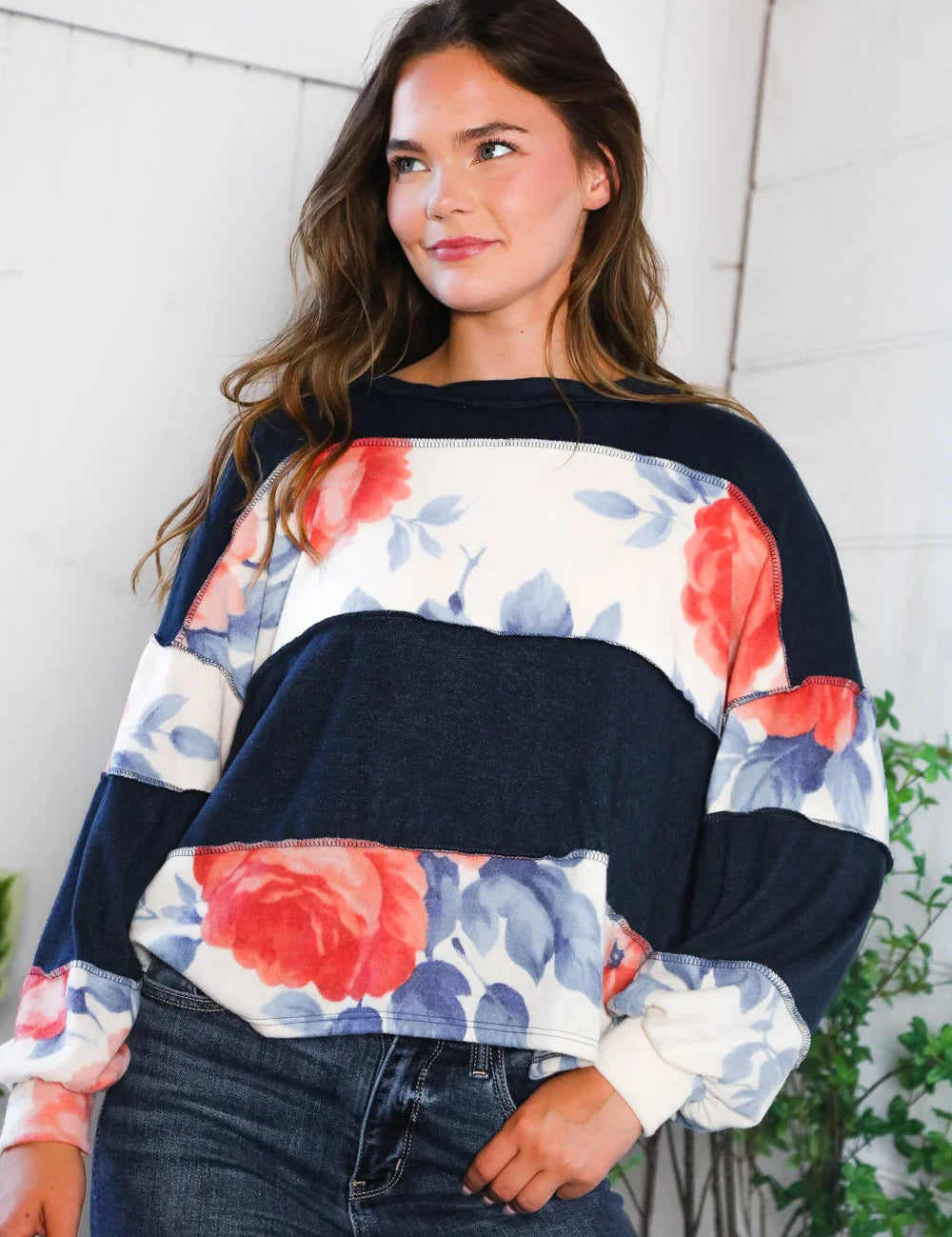 Cottage Roses Colorblock Long Sleeve | Daverri Fashions