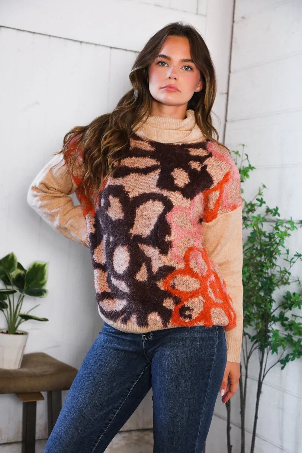 Blooms in Autumn Turtleneck Cozy Sweater | Daverri Fashions