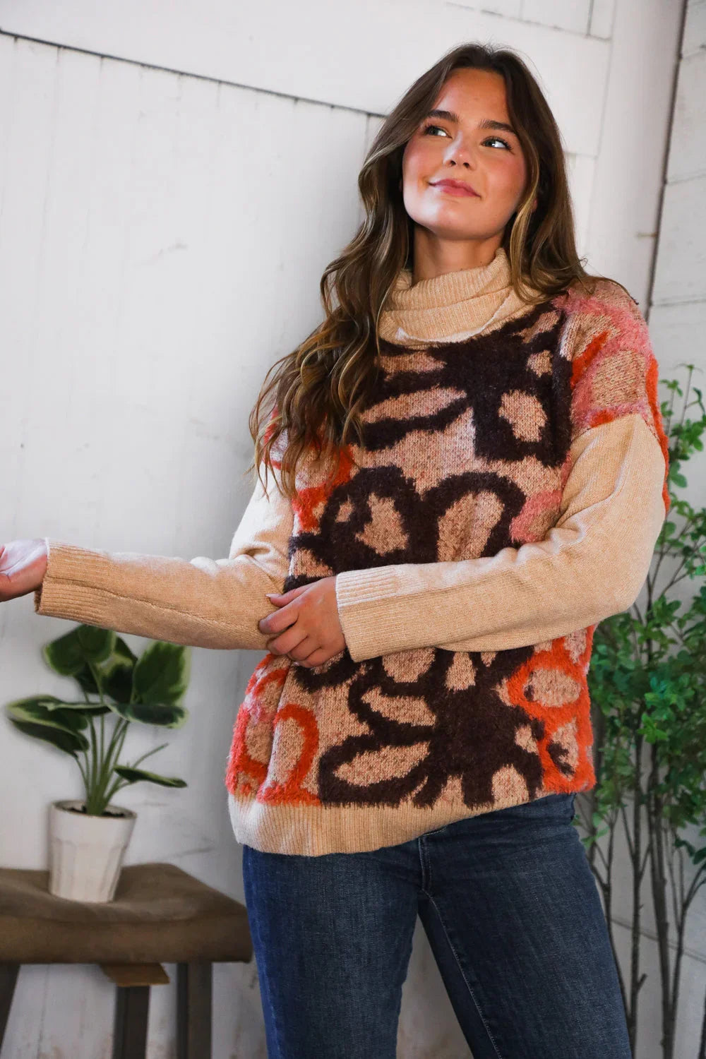 Blooms in Autumn Turtleneck Cozy Sweater | Daverri Fashions