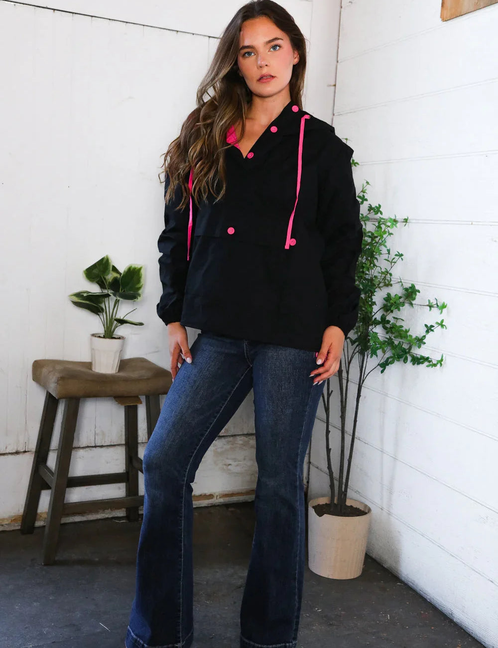 Glow Up Pink and Black Hooded Jacket | Daverri Fashions
