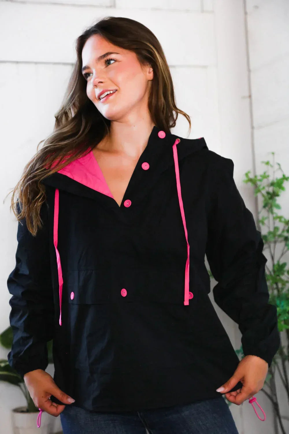 Glow Up Pink and Black Hooded Jacket - DAVERRI FASHIONS