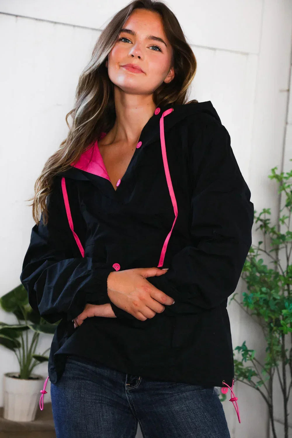 Glow Up Pink and Black Hooded Jacket - DAVERRI FASHIONS