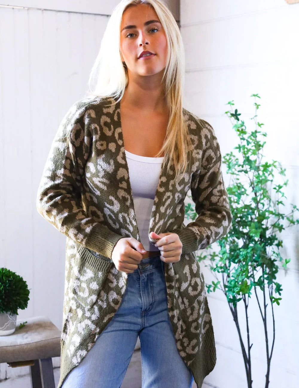 Lounging in Leopard Olive Cardigan | Daverri Fashions