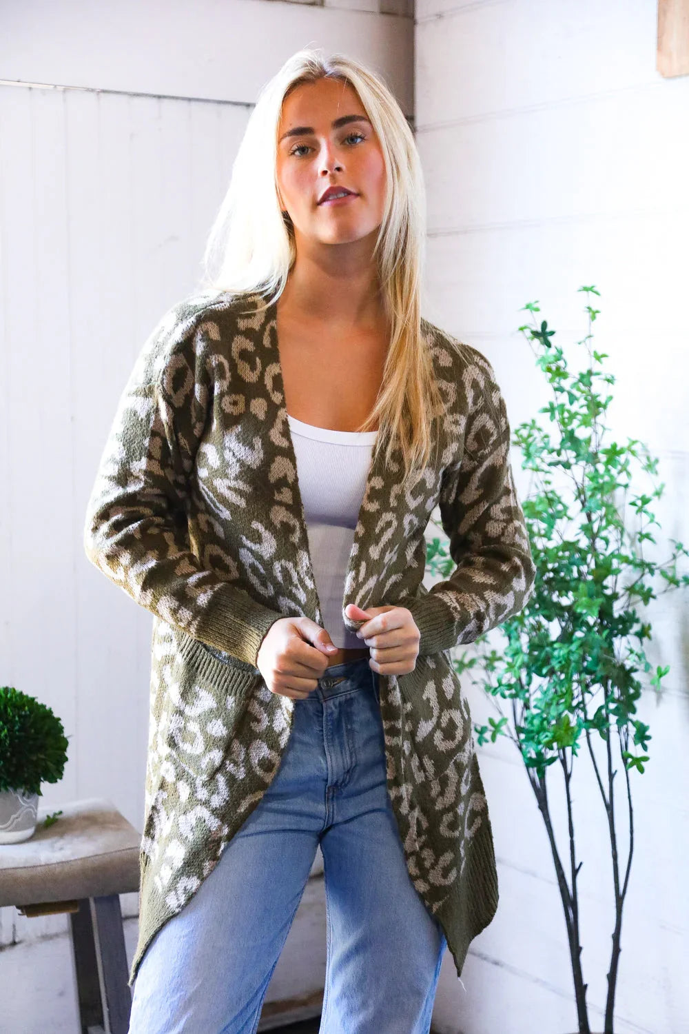 Lounging in Leopard Olive Cardigan | Daverri Fashions
