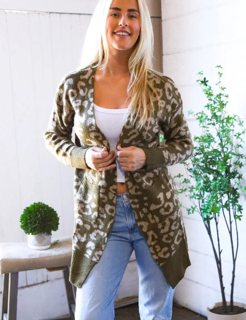 Lounging in Leopard Olive Cardigan | Daverri Fashions