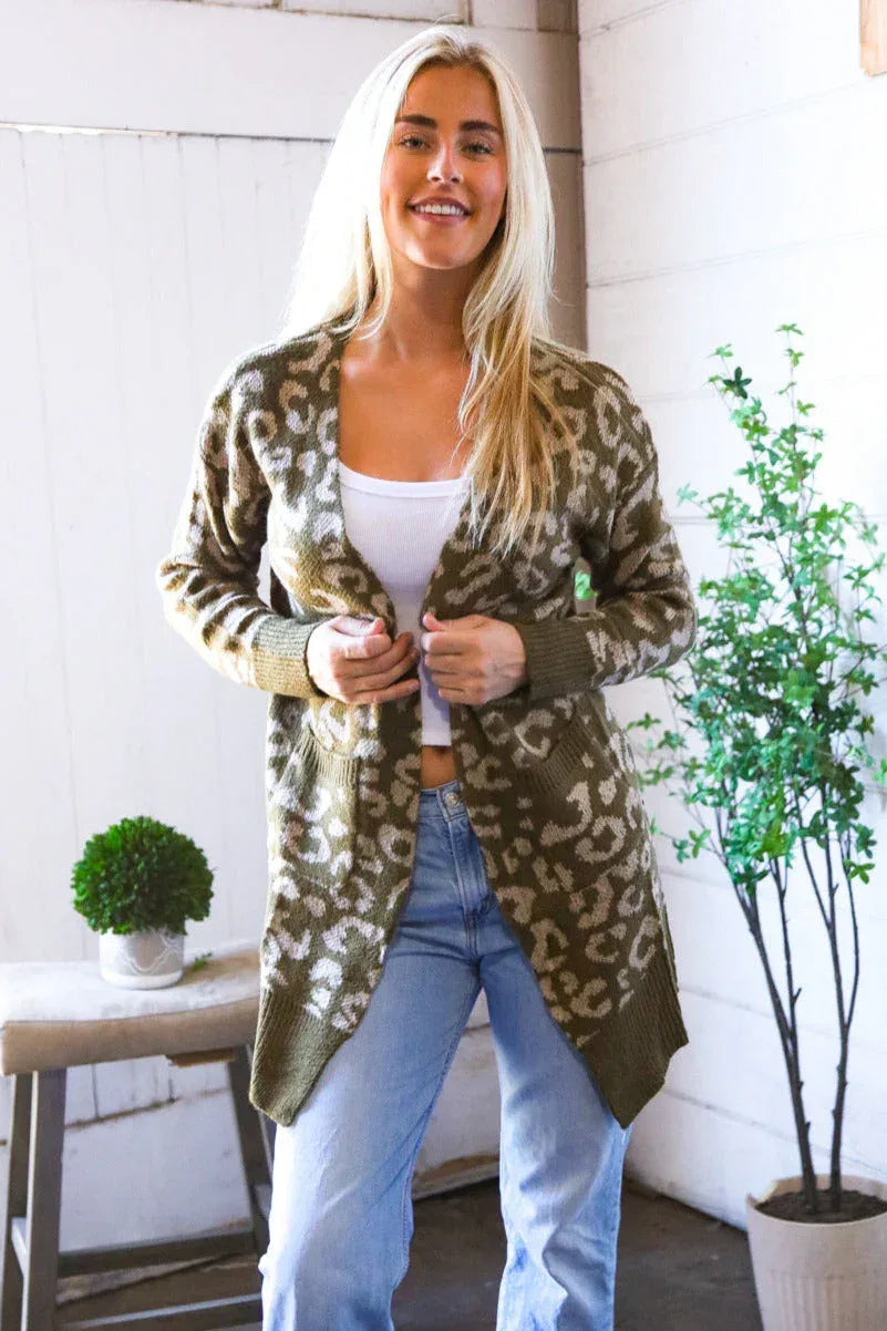 Lounging in Leopard Olive Cardigan - DAVERRI FASHIONS