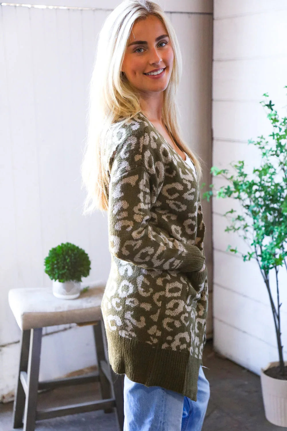 Lounging in Leopard Olive Cardigan | Daverri Fashions