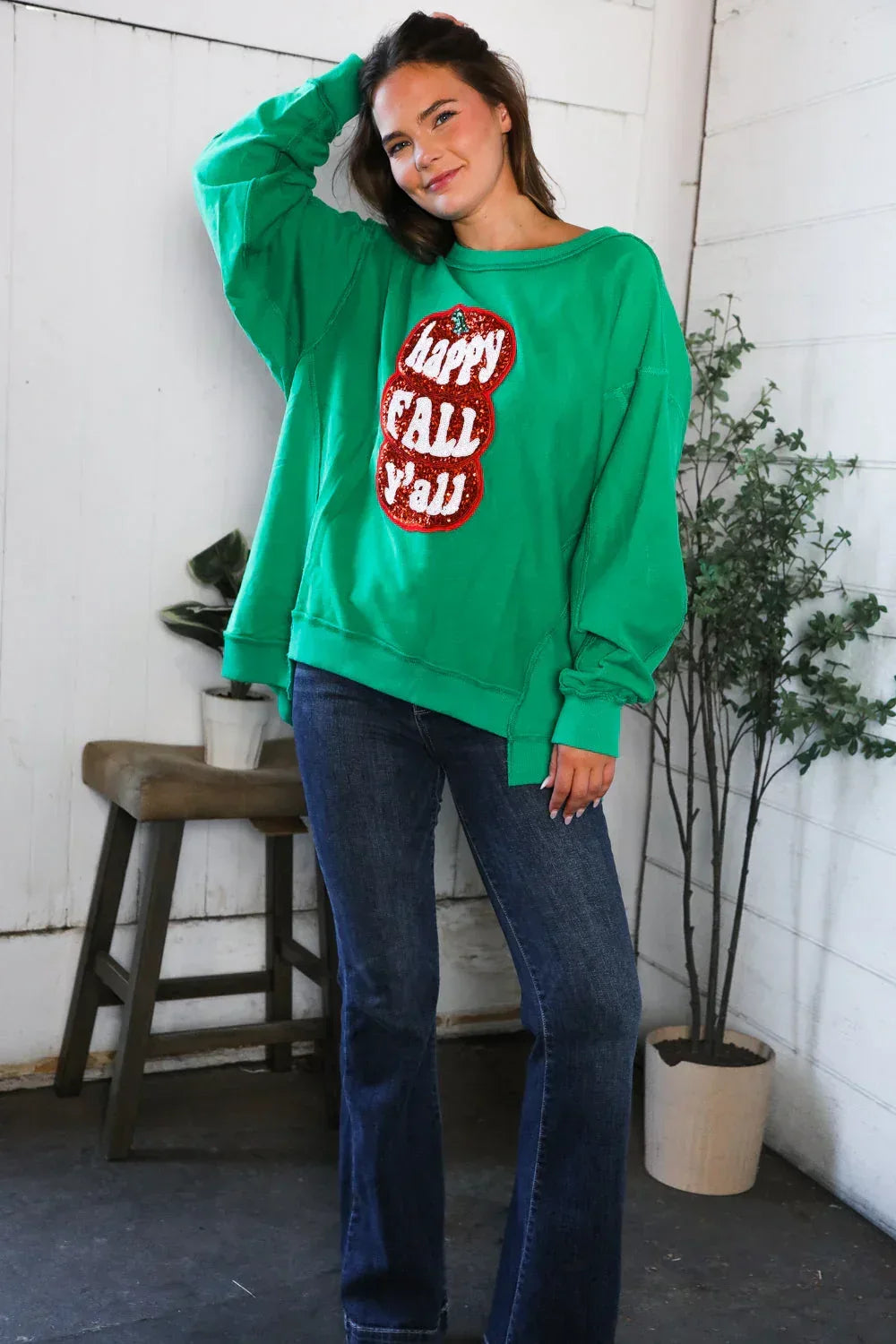 'Happy Fall Y'all' Kelly Green Sweater - DAVERRI FASHIONS