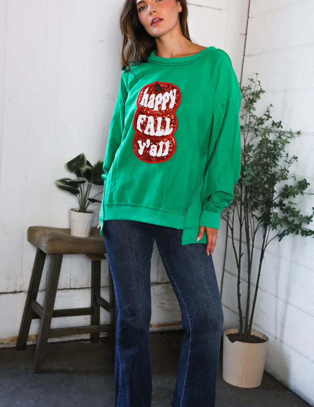 'Happy Fall Y'all' Kelly Green Sweater | Daverri Fashions