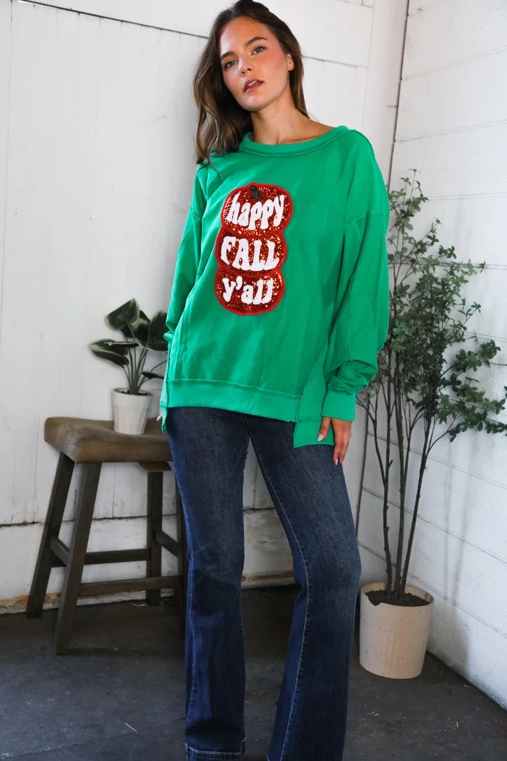 'Happy Fall Y'all' Kelly Green Sweater | Daverri Fashions