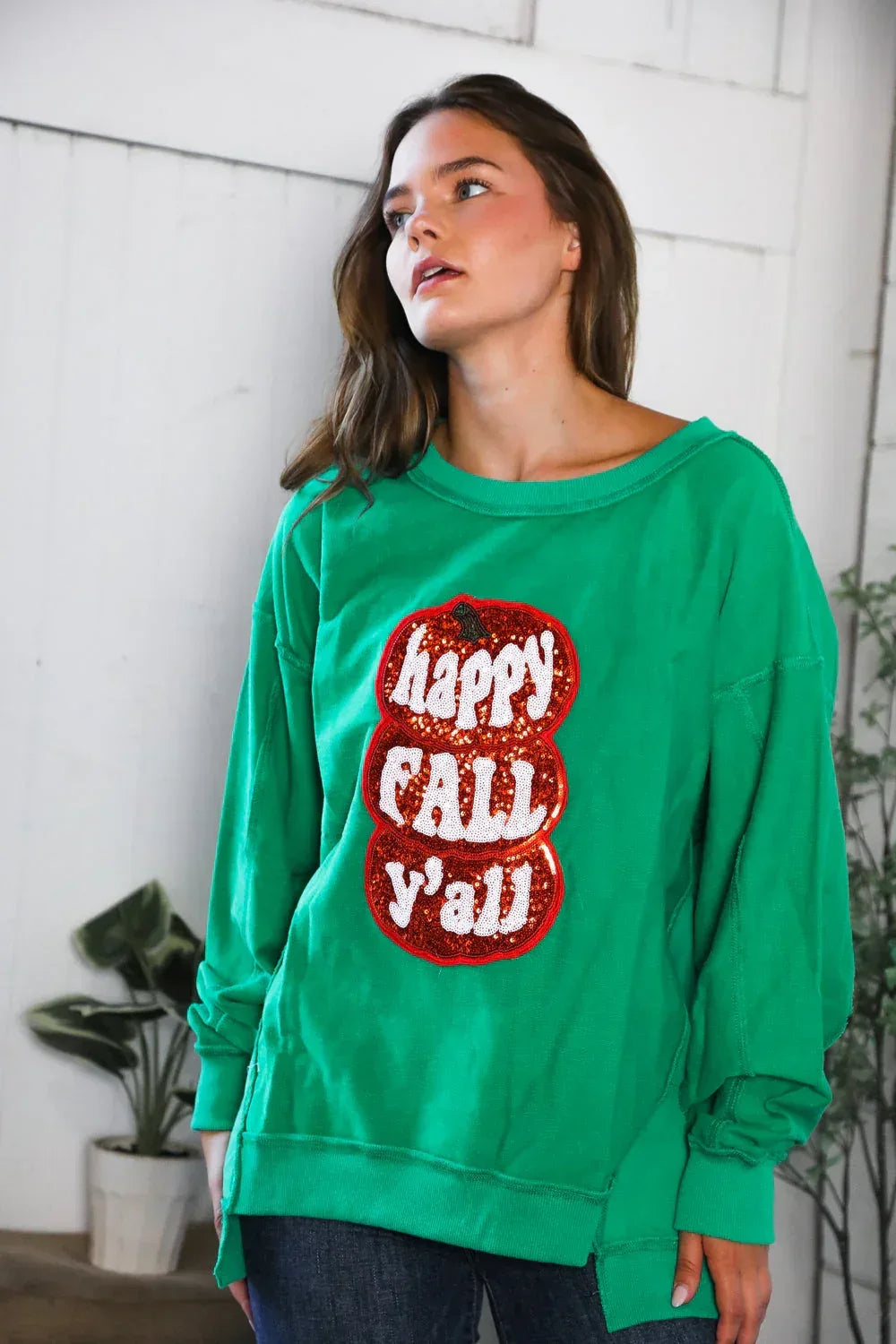 'Happy Fall Y'all' Kelly Green Sweater - DAVERRI FASHIONS