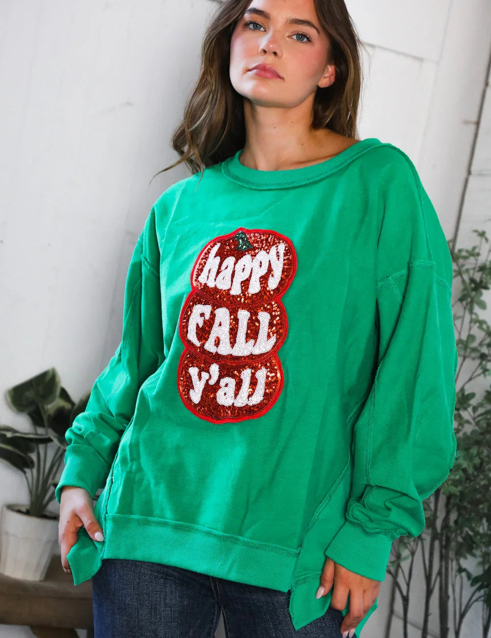 'Happy Fall Y'all' Kelly Green Sweater | Daverri Fashions