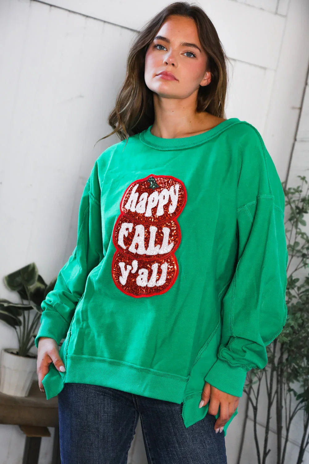 'Happy Fall Y'all' Kelly Green Sweater | Daverri Fashions