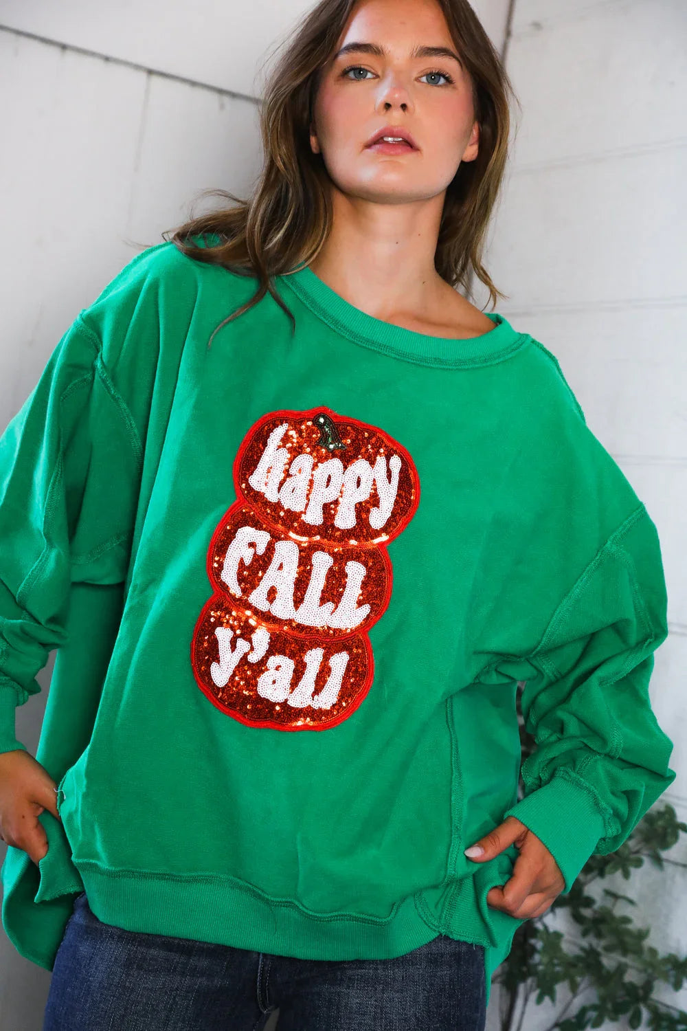 'Happy Fall Y'all' Kelly Green Sweater | Daverri Fashions