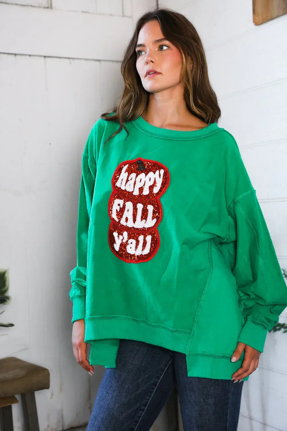 'Happy Fall Y'all' Kelly Green Sweater - DAVERRI FASHIONS