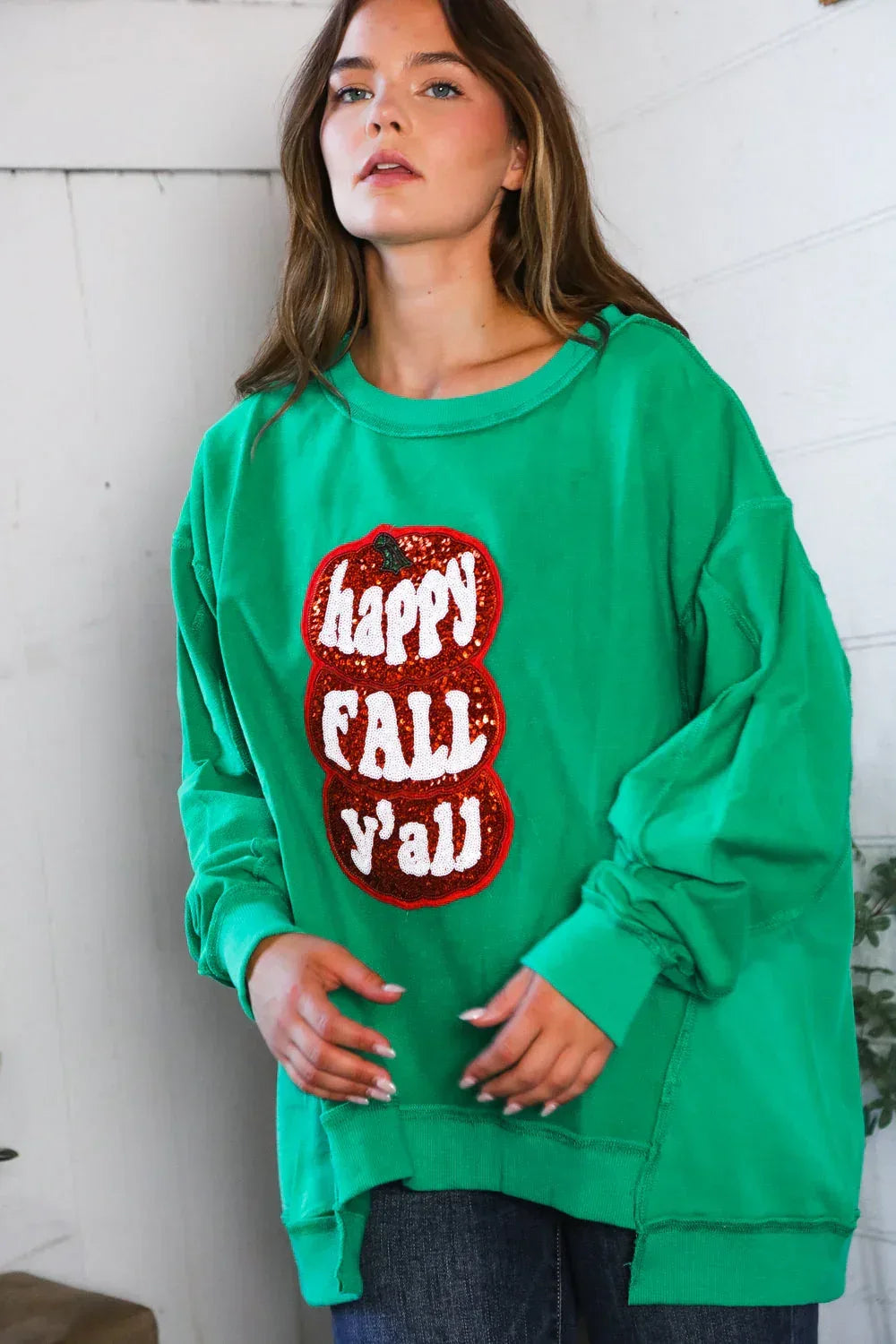 'Happy Fall Y'all' Kelly Green Sweater - DAVERRI FASHIONS