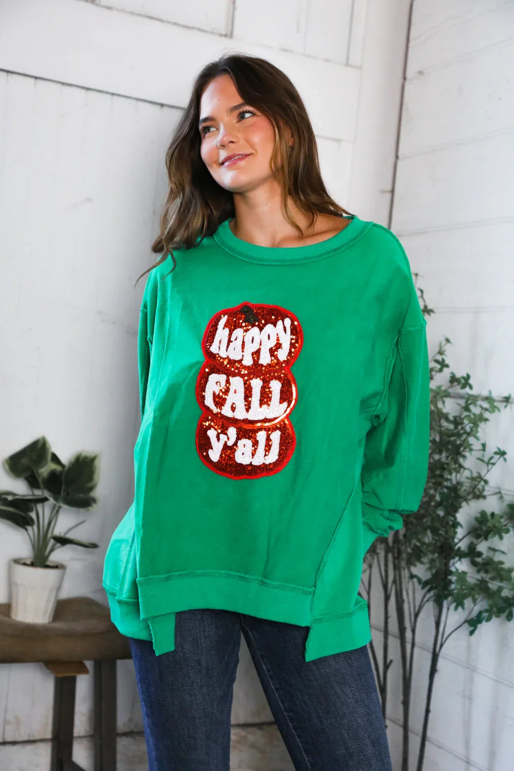 'Happy Fall Y'all' Kelly Green Sweater | Daverri Fashions
