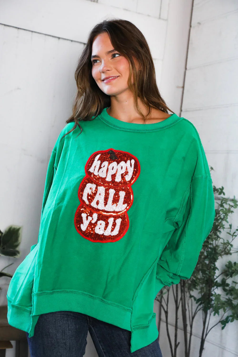 'Happy Fall Y'all' Kelly Green Sweater | Daverri Fashions