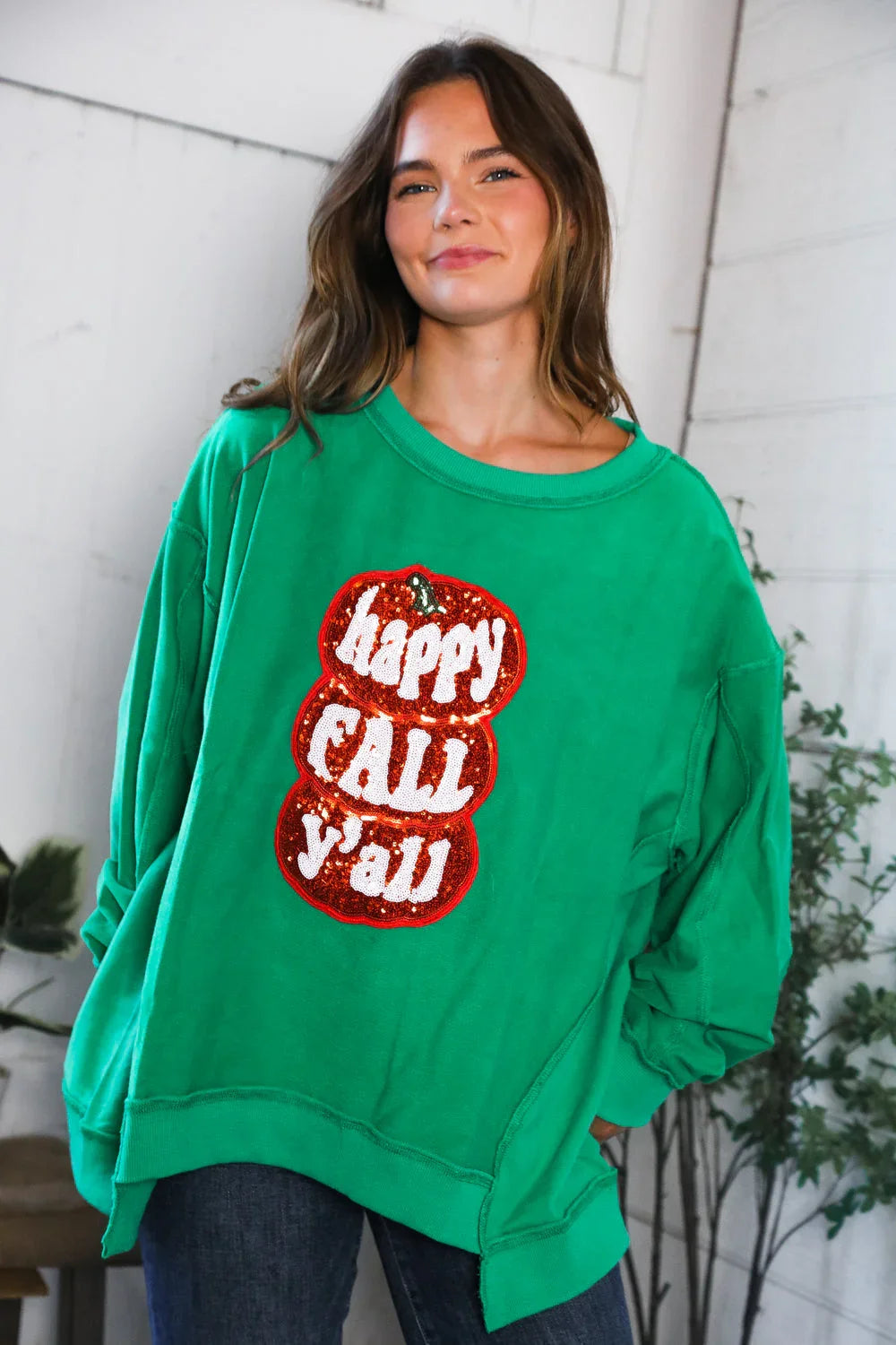 'Happy Fall Y'all' Kelly Green Sweater | Daverri Fashions