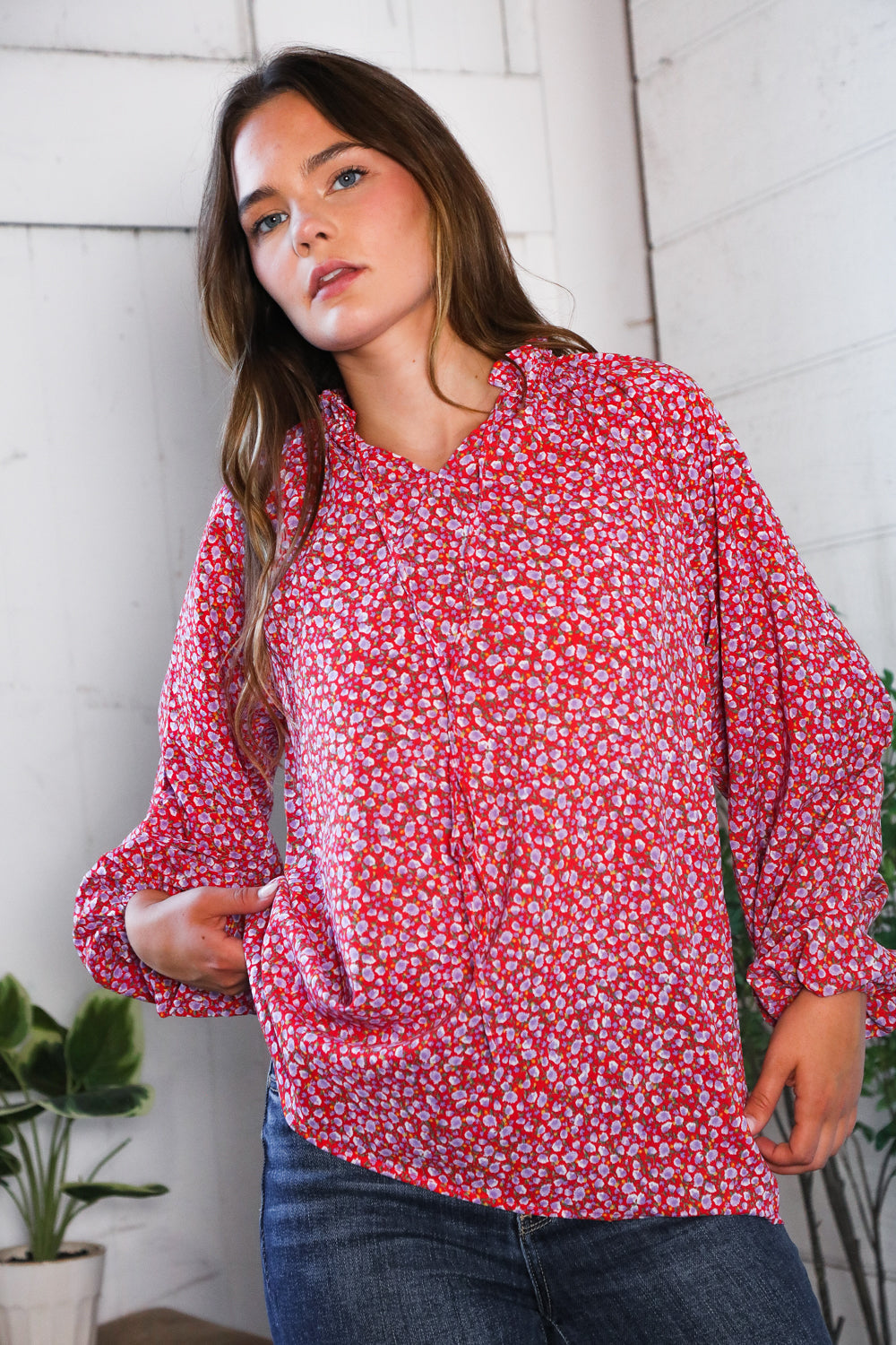 Vibrant red Poppy Daydream Floral Woven Blouse with white pink blossoms ruffled neckline long sleeves