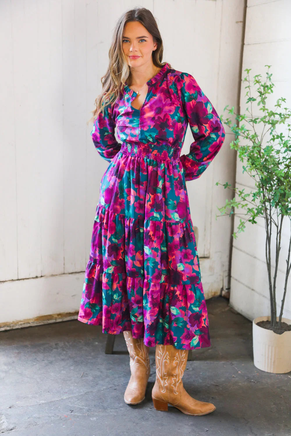 Floral Symphony Smocked Waist Dress | Daverri Fashions