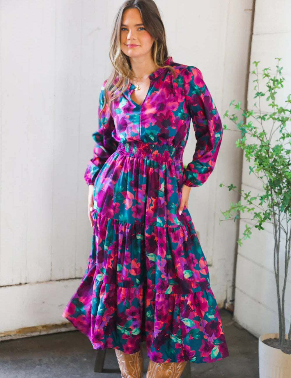 Floral Symphony Smocked Waist Dress | Daverri Fashions