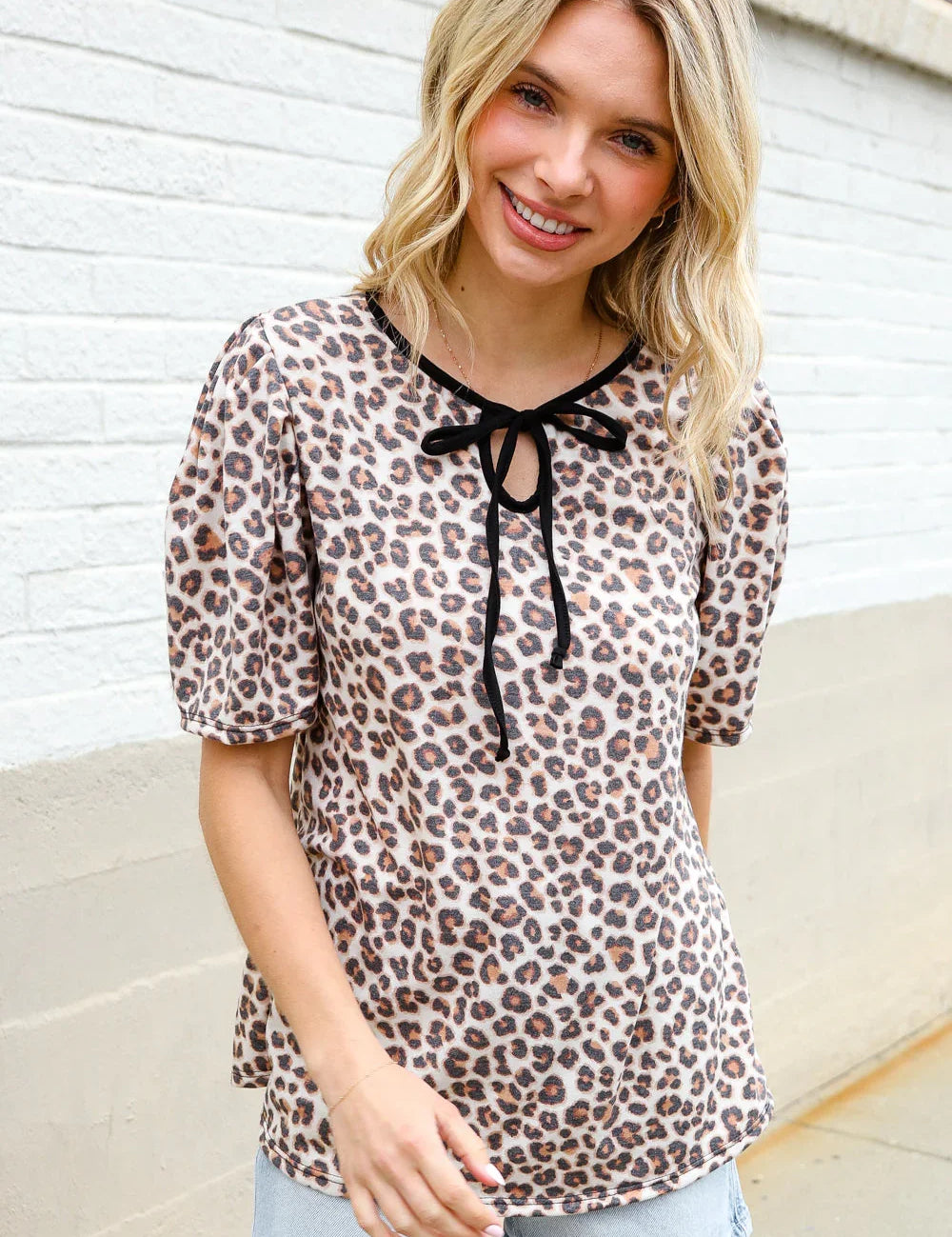 Everyday Animal Print Collar Notch Front Tie Knit Top | Daverri Fashions