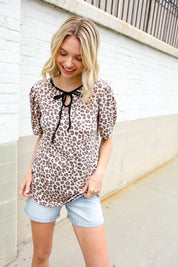 Everyday Animal Print Collar Notch Front Tie Knit Top | Daverri Fashions