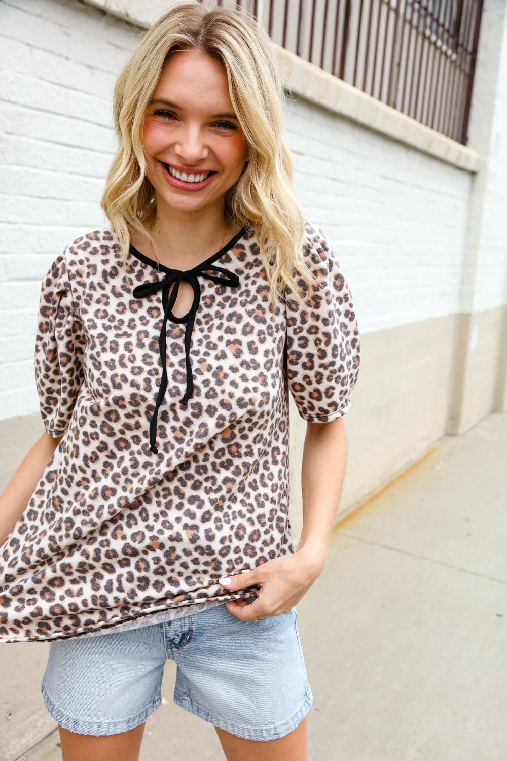Everyday Animal Print Collar Notch Front Tie Knit Top | Daverri Fashions