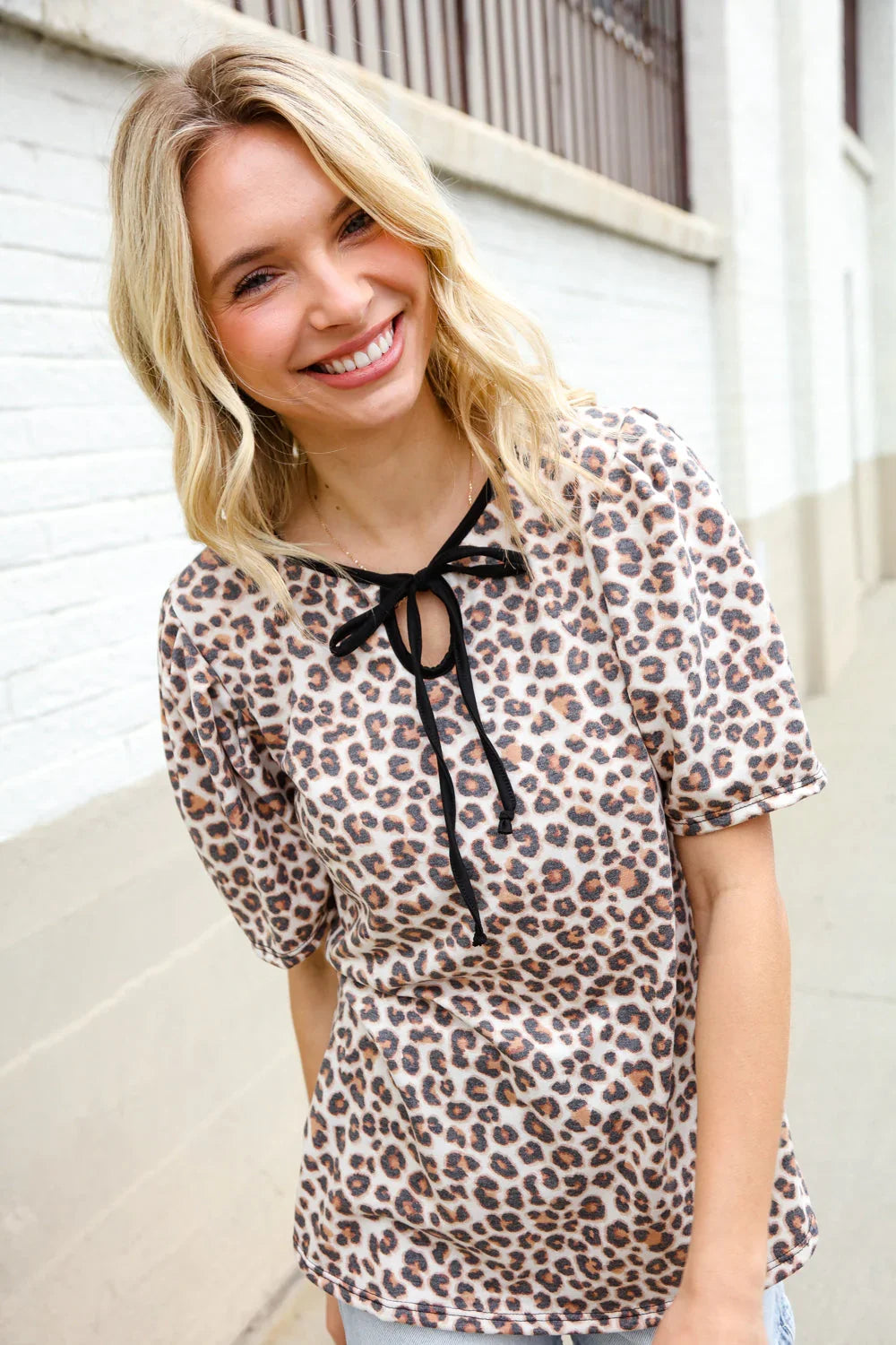 Everyday Animal Print Collar Notch Front Tie Knit Top | Daverri Fashions