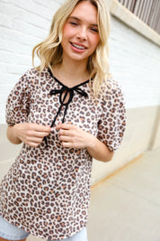 Everyday Animal Print Collar Notch Front Tie Knit Top | Daverri Fashions