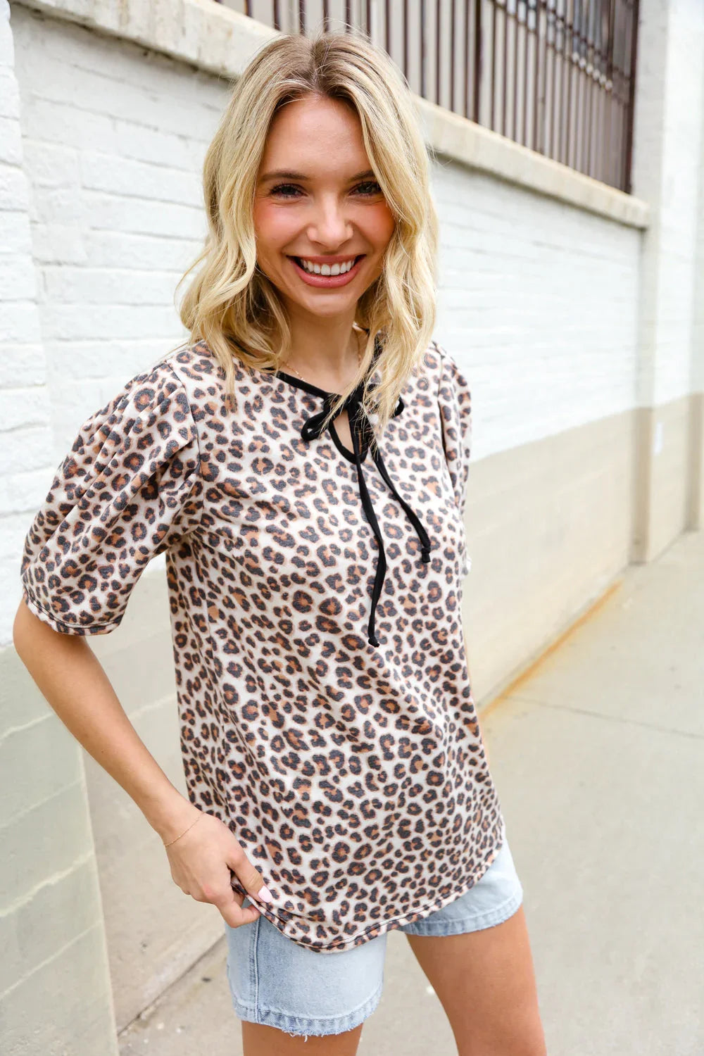 Everyday Animal Print Collar Notch Front Tie Knit Top | Daverri Fashions