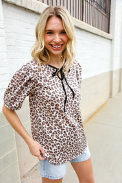 Everyday Animal Print Collar Notch Front Tie Knit Top | Daverri Fashions