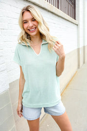 Weekend Ready Sage Collar Notch Neck Waffle Knit Top | Daverri Fashions