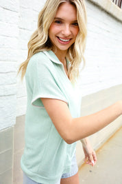 Weekend Ready Sage Collar Notch Neck Waffle Knit Top | Daverri Fashions