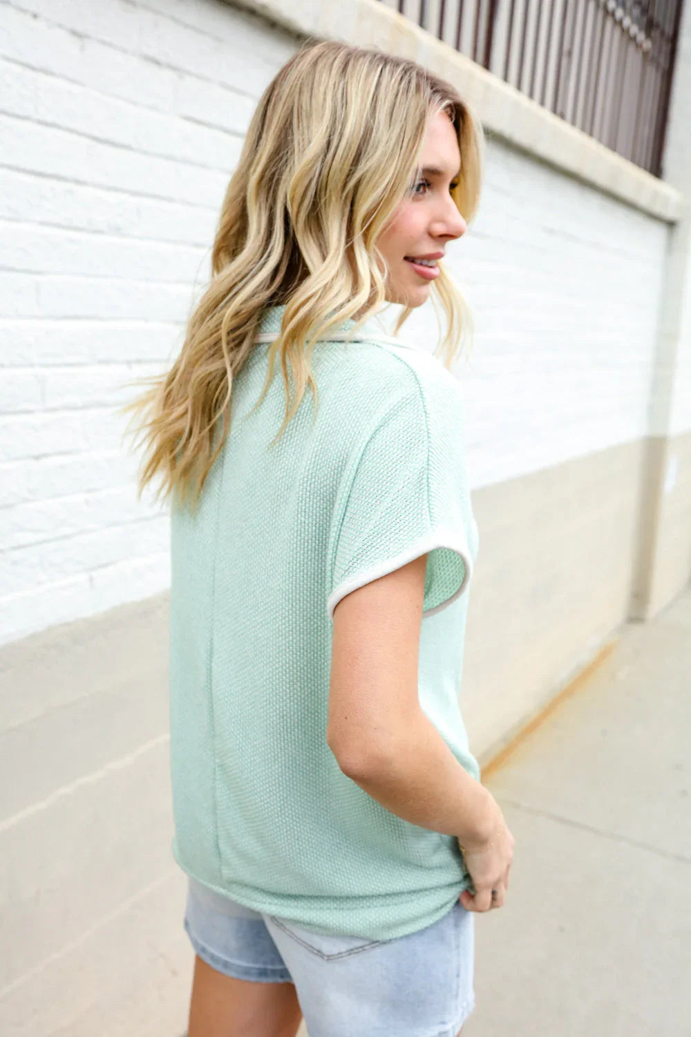 Weekend Ready Sage Collar Notch Neck Waffle Knit Top | Daverri Fashions