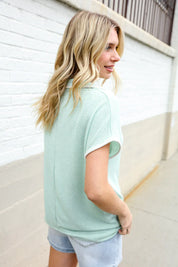 Weekend Ready Sage Collar Notch Neck Waffle Knit Top | Daverri Fashions