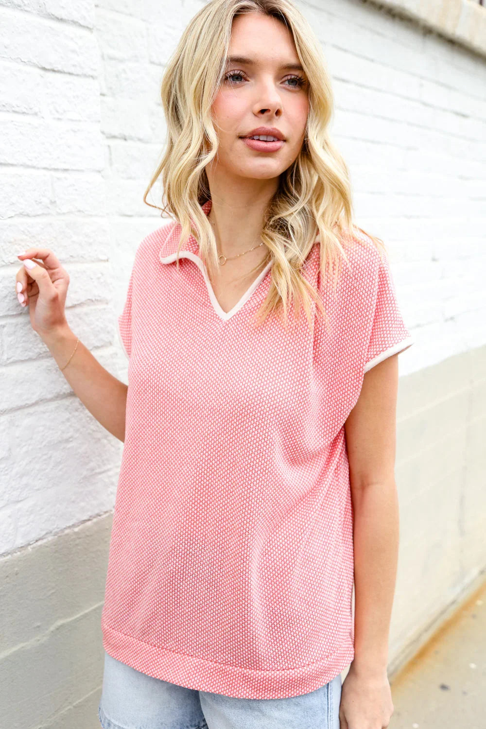 Weekend Ready Coral Collar Notch Neck Waffle Knit Top | 07-01-25 Summer Sale Daverri Fashions