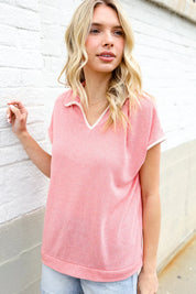 Weekend Ready Coral Collar Notch Neck Waffle Knit Top | 07-01-25 Summer Sale Daverri Fashions