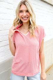 Weekend Ready Coral Collar Notch Neck Waffle Knit Top | 07-01-25 Summer Sale Daverri Fashions