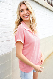 Weekend Ready Coral Collar Notch Neck Waffle Knit Top | 07-01-25 Summer Sale Daverri Fashions