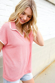 Weekend Ready Coral Collar Notch Neck Waffle Knit Top | 07-01-25 Summer Sale Daverri Fashions