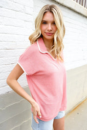 Weekend Ready Coral Collar Notch Neck Waffle Knit Top | 07-01-25 Summer Sale Daverri Fashions