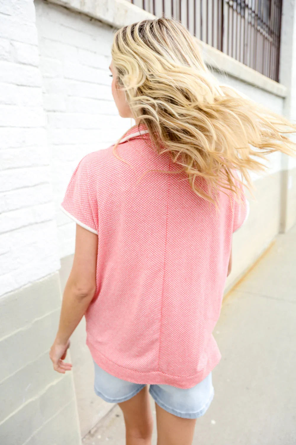 Weekend Ready Coral Collar Notch Neck Waffle Knit Top | 07-01-25 Summer Sale Daverri Fashions