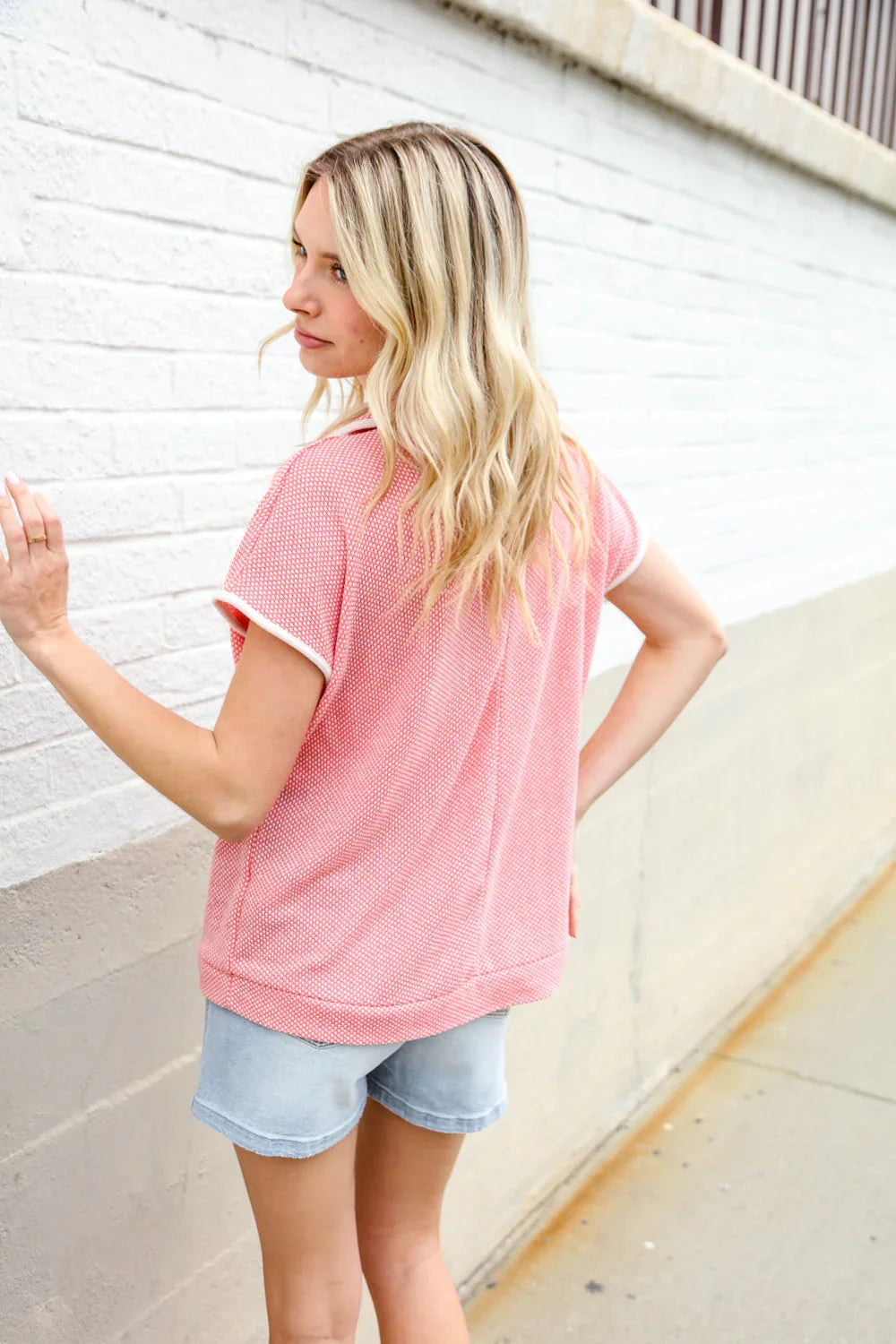 Weekend Ready Coral Collar Notch Neck Waffle Knit Top | 07-01-25 Summer Sale Daverri Fashions